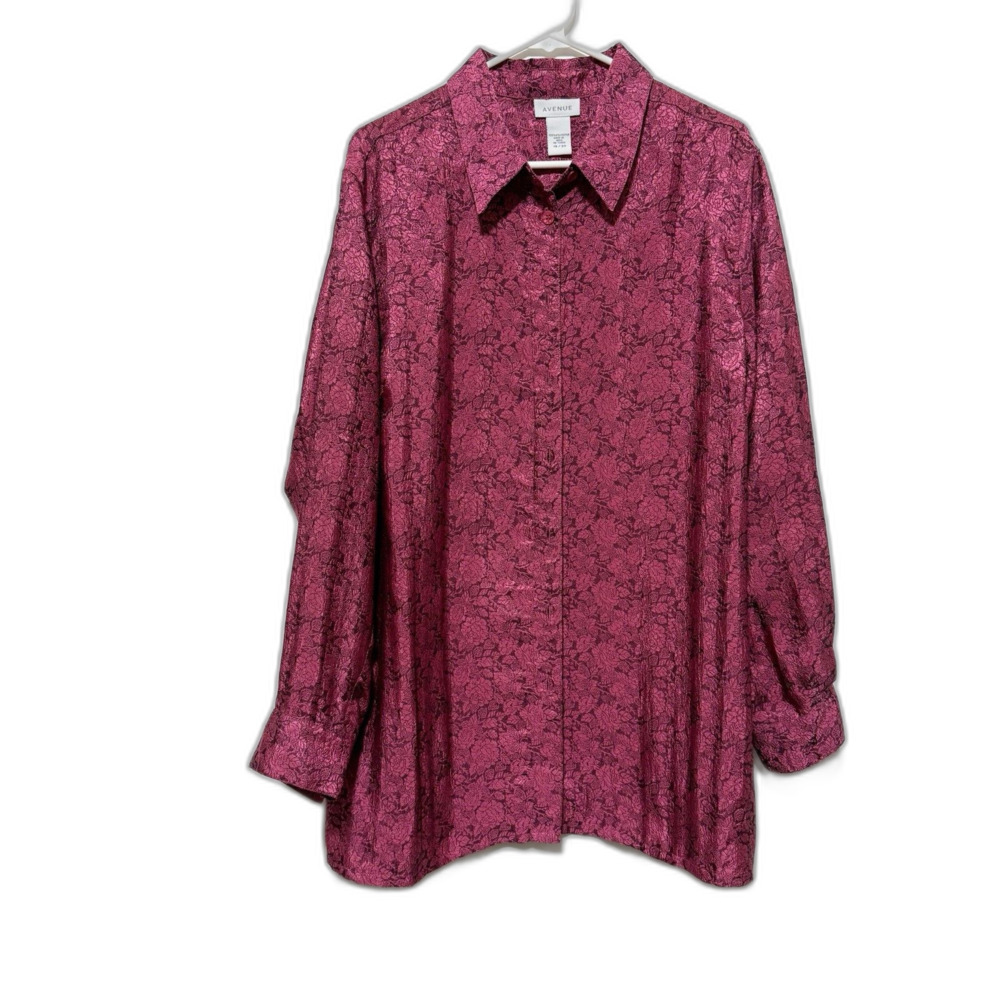 Avenue Women’s 18/20 Red Pink Floral Button Down Blouse Long Sleeve Plus Size